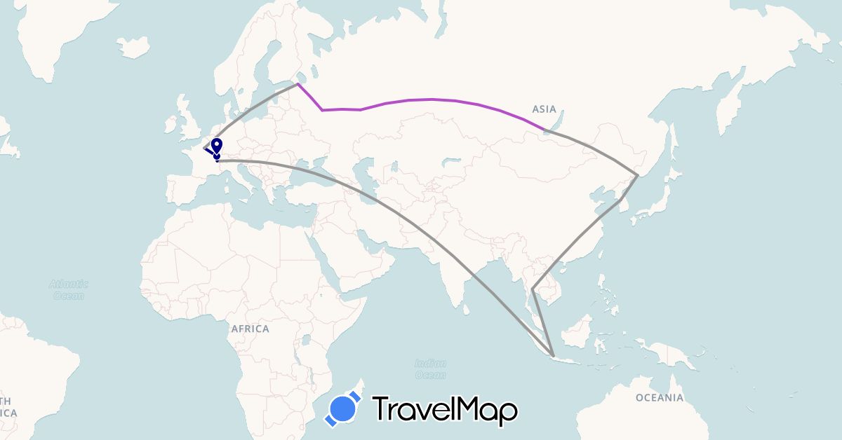 TravelMap itinerary: driving, plane, train in Switzerland, France, Indonesia, South Korea, Russia, Thailand (Asia, Europe)